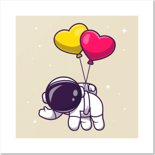 Cute Astronaut Floating With Love Balloon Cartoon Posters and Art